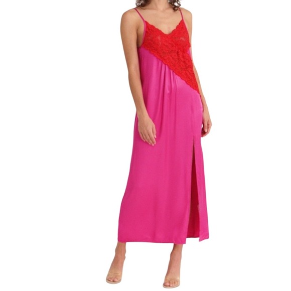 Topshop Dresses & Skirts - Topshop Hot Pink Satin Red Lace Maxi Nightgown Slip Dress Side Slit Fuchsia SZ 6